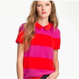 Kate spade XS S 0 2 4 silk rugby stripe blouse peter pan pink red orange